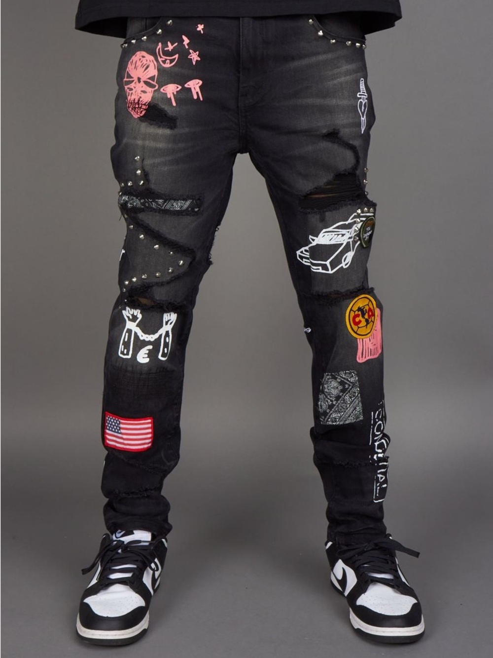 NWT Politics Jeans Keeper Patchwork Skinny Black Denim Size 30W